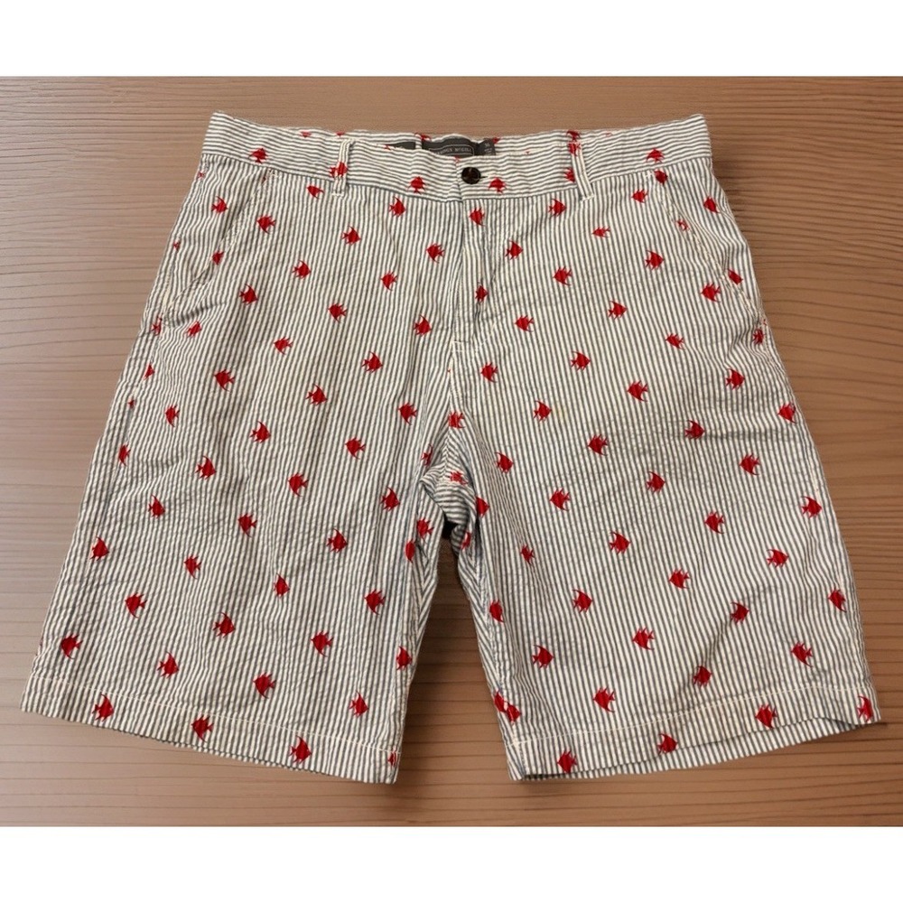 Hawkings McGill Mens 36 Blue White Cotton Seersucker Shorts Red Fish Motif